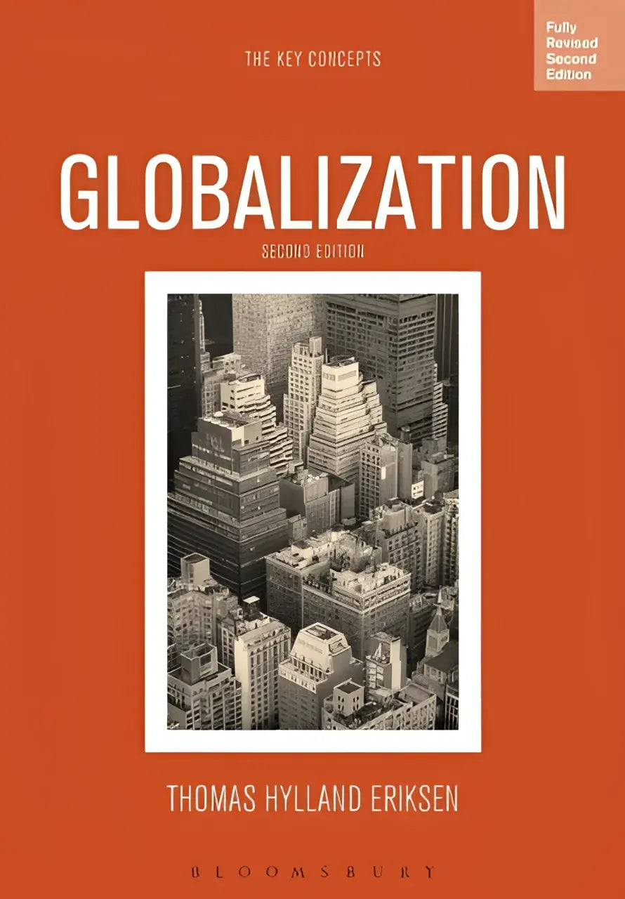 Oranje boekomslag van globalization met een zwart-wit foto van wolkenkrabbers en de key concepts als titel