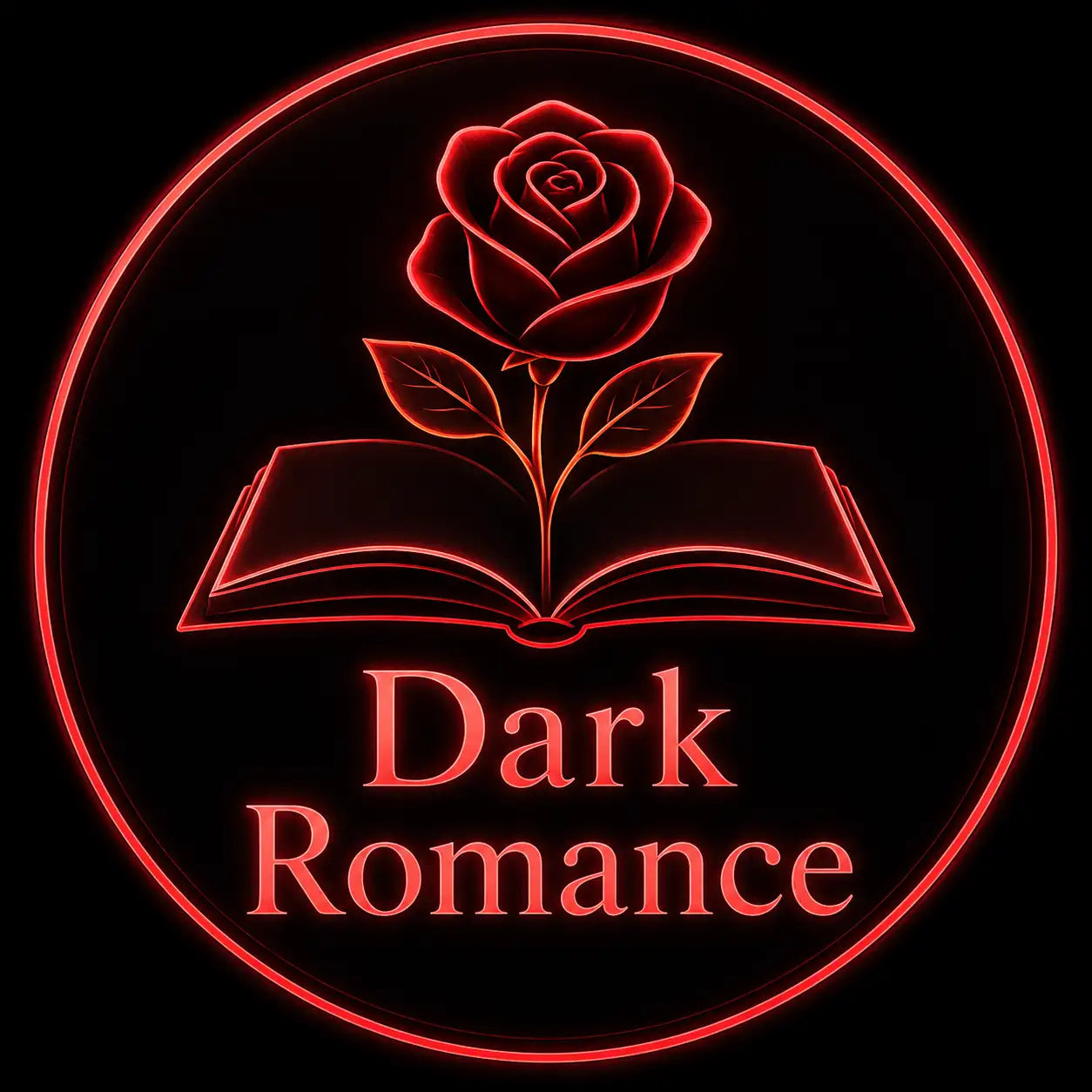 Een gloeiend rood neonlogo met een roos die uit een open boek groeit, omringd door een ring en gelabeld 'dark romance.'