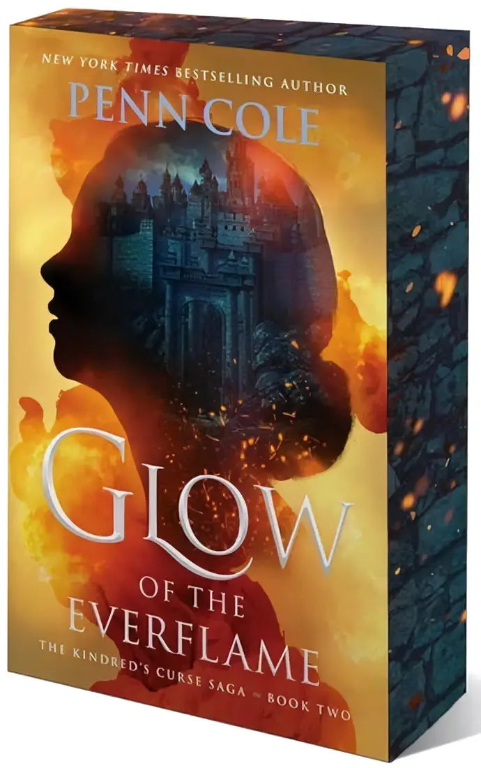 The everflame boekdoos glow of the everflame van penn cole met vuuroranje en zwarte cover en silhouet bij kasteel