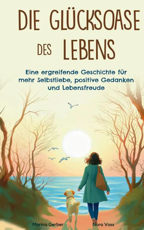 De boekcover toont een vrouw in een groene jas die met haar hond langs een strandpad loopt voor een ergreifende geschichte