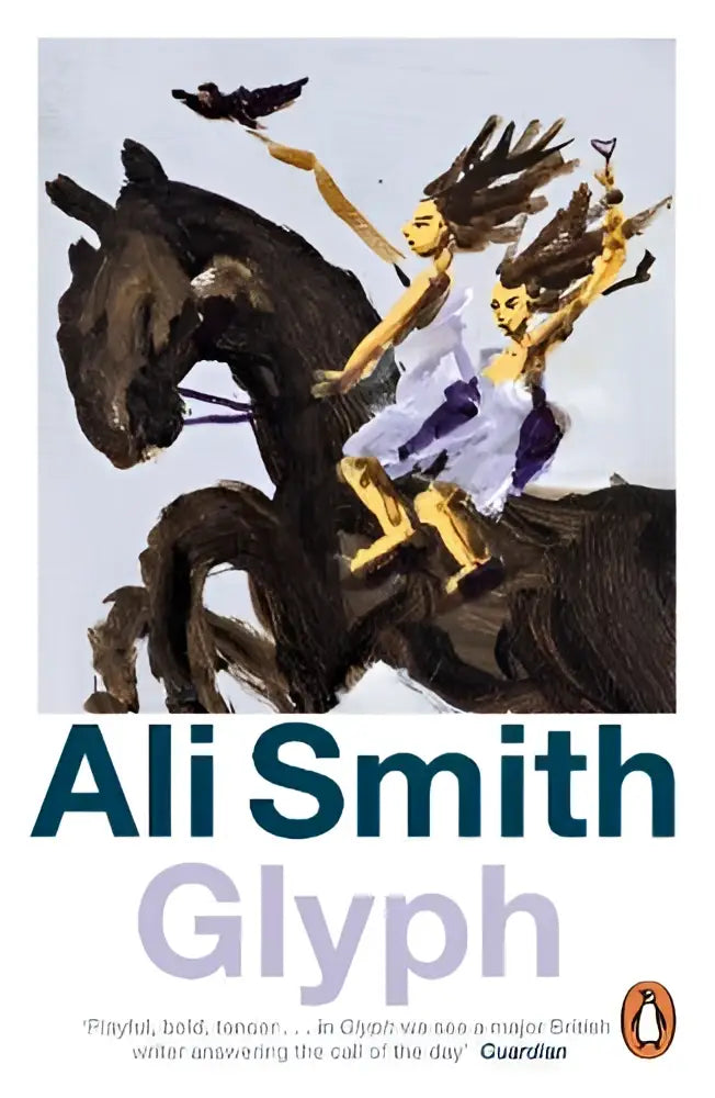 De boekcover van glyph toont een gestileerde illustratie van twee figuren op een zwarte paard met vogels in vlucht voor een lichte achtergrond, passend bij ali smith literaire fictie modern and contemporary