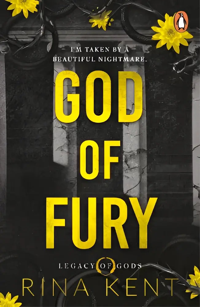 Gele boekcover van god of fury met zwarte en witte stenen boog en felgele titel in vetgedrukte letters