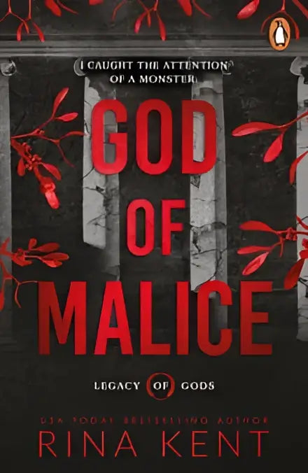 Red and black book cover of god of malice by rina kent featuring bold red title and crimson leaves framing stone archway