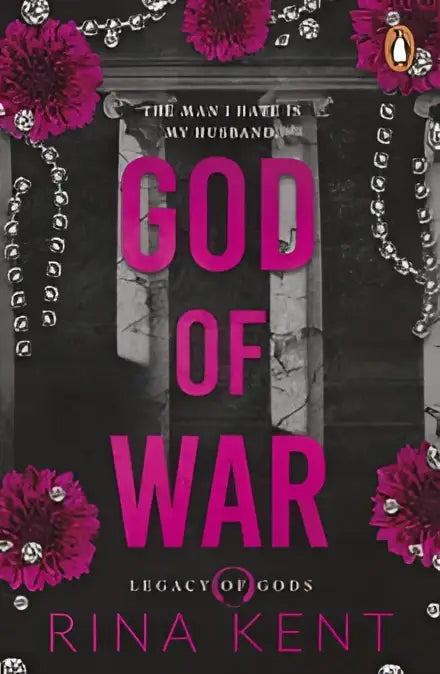 Het boek God of War van Rina Kent heeft een zwart-wit omslag met roze tekst, bloemen en zilveren kralen, inclusief trigger warnings
