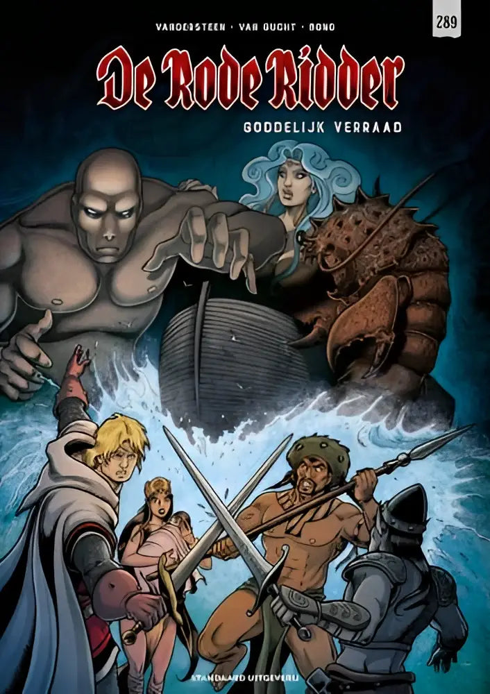 De cover van de comic de rode ridder goddelijk verraad toont een dramatische illustratie met donkere, stormachtige tinten