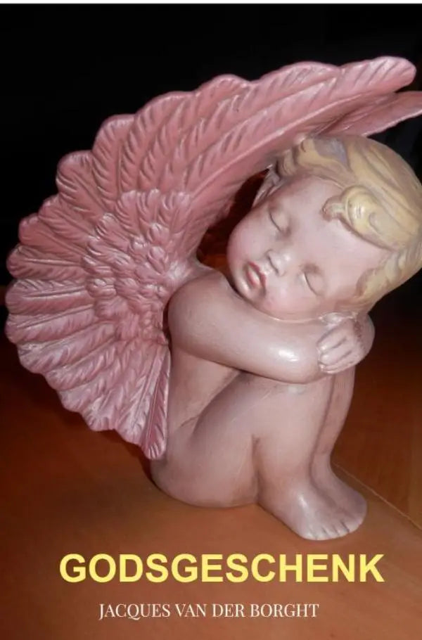 Roze keramische engel godsgeschenk met gedetailleerde veren vleugels en blond haar in slaapstand