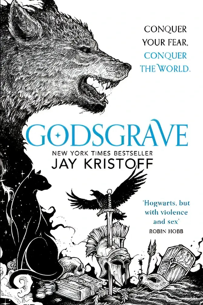De boekomslag van godsgrave the nevernight chronicle 2 toont een zwart-witte illustratie van een wolf en een adelaar