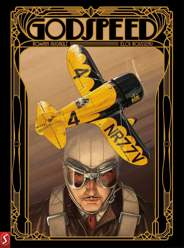 Gele en zwarte vintage dubbeldekker vliegtuig met nummer 4 in art deco stijl illustratie voor Godspeed product