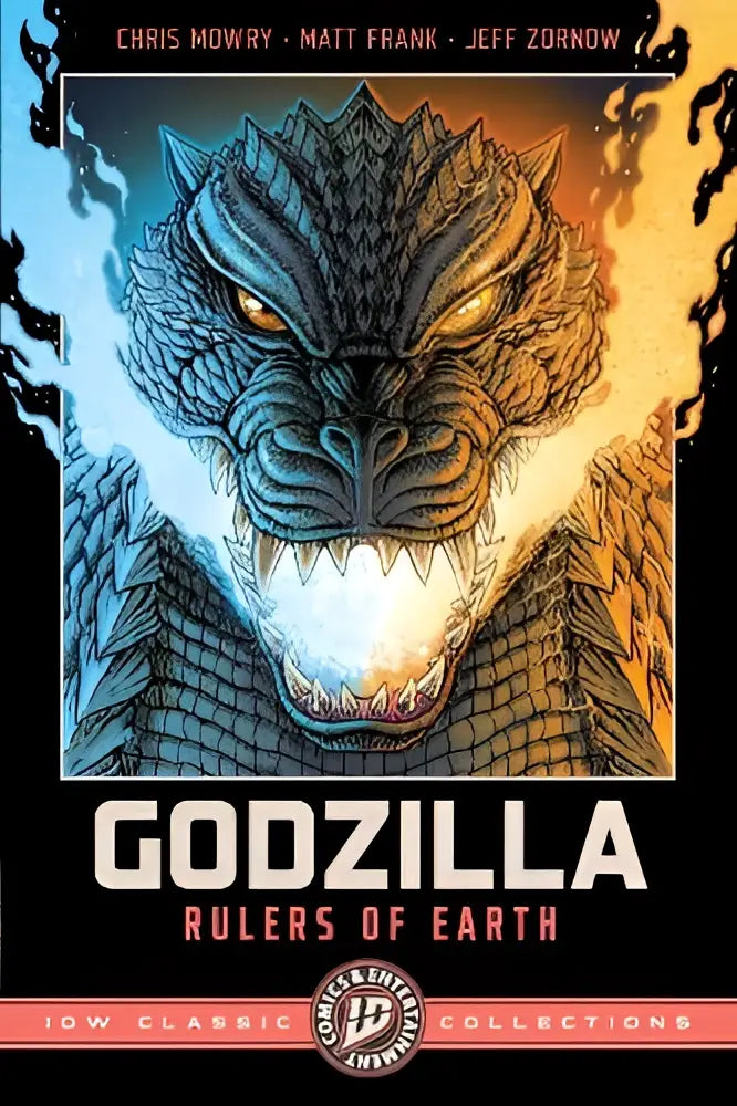 De cover van godzilla rulers of earth idw classic collections toont een gedetailleerde blauwe en gouden godzilla met gloeiende ogen