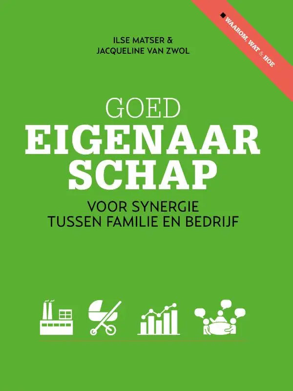 Groen boekcover met witte tekst en iconen van goed eigenaarschap voor synergie tussen familie en bedrijf