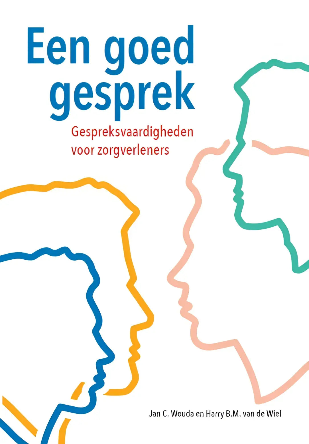 Een goed gesprek boek met blauwe oranje en teal lijntekeningen van gezichten over sociale aspecten