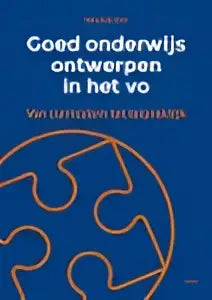 Blauw boek genaamd Goed onderwijs ontwerpen in het vo met witte tekst en puzzelstukjes op de omslag