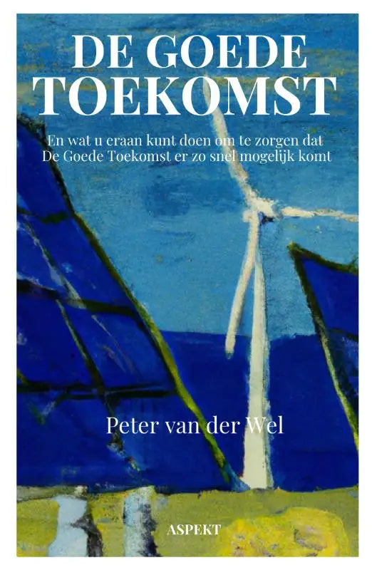 Blauw-witte abstracte boekcover met windmolen van goede toekomst over duurzame actie بابت