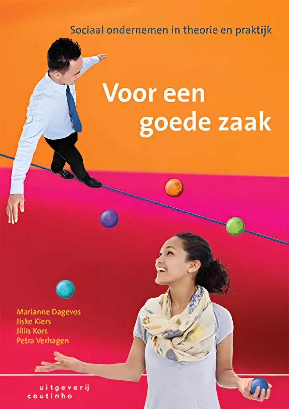 Boekcover Voor een goede zaak met oranje-roze gradiënt, strakke koord en ballen