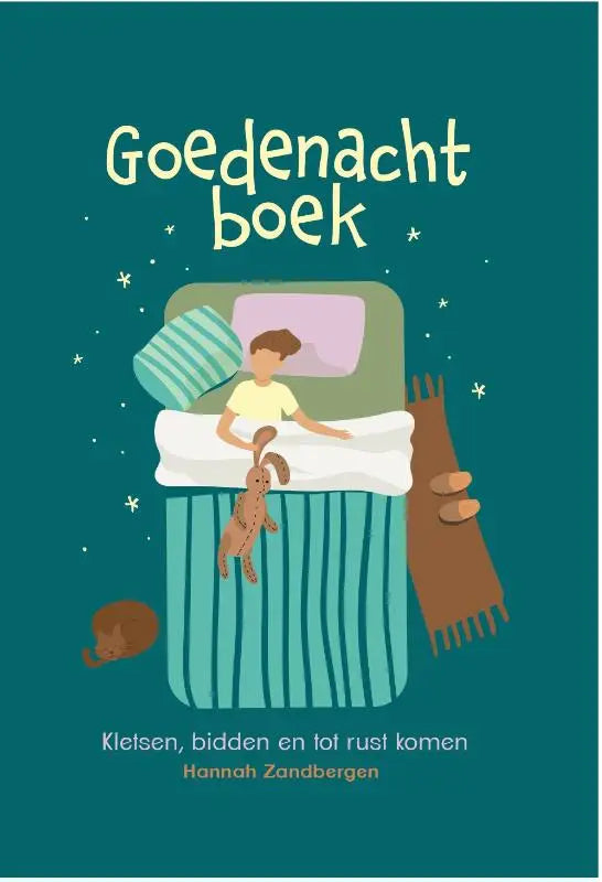 Teal kinderbedtijdboek goedenachtboek met cartoonkind in bed en knuffel voor jonge lezers om rust te komen