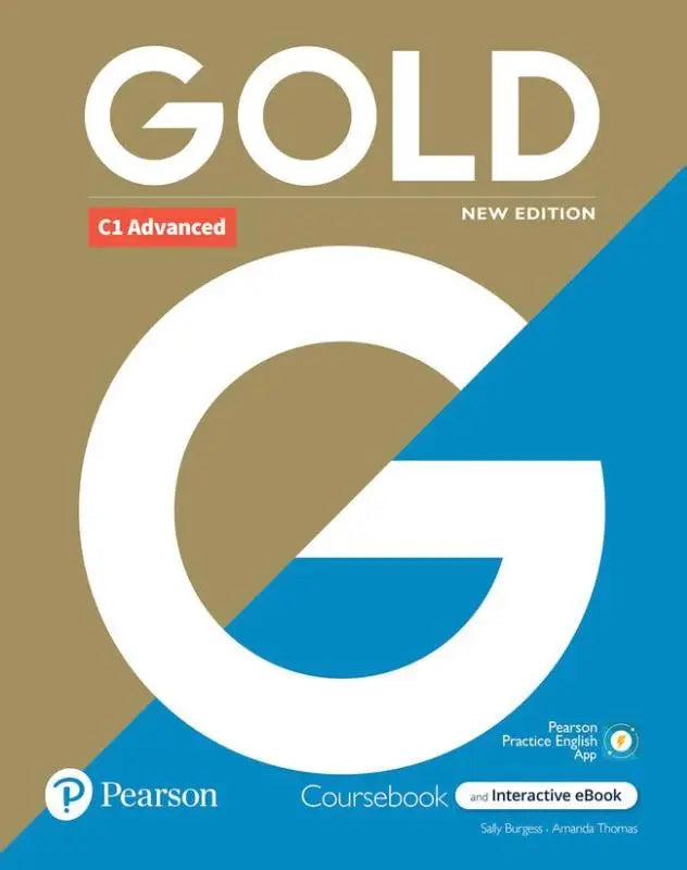 Gold 6e c1 advanced studentbook by pearson with interactive ebook digital resources and bold white g logo on tan blue background