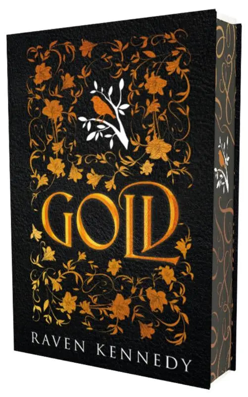 Zwarte hardcover boek gouden gevangene vijfde deel met goudfolie en witte vogel op takken, raven kennedy editie