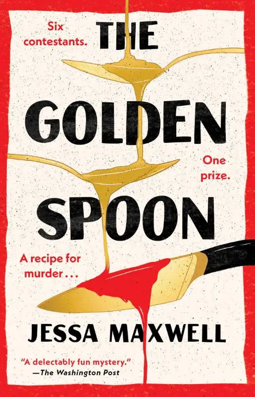 The golden spoon novel book cover features bold black lettering on off-white textured background with red border and dripping golden spoons illustration
