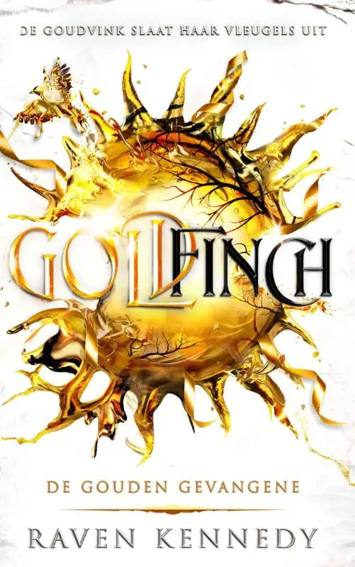 Golden radiant sunburst design with intricate black branches and stylized goldfinch in flight on goldfinch cover by raven kennedy titled gouden gevangene