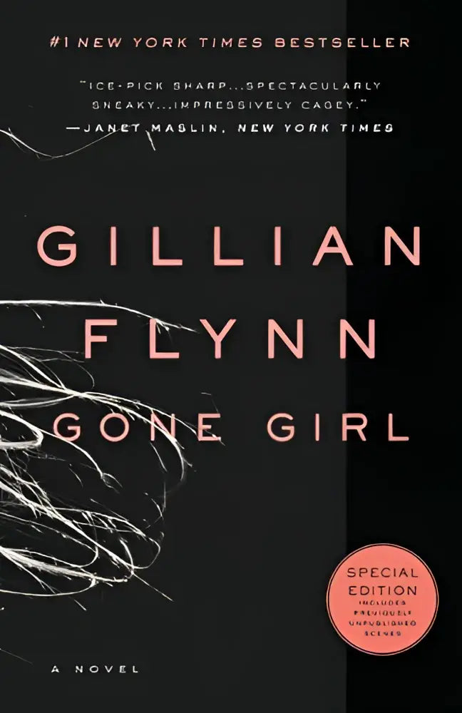 Zwarte boekomslag met roze tekst en witte abstracte lijnen van gone girl door gillian flynn, een roman