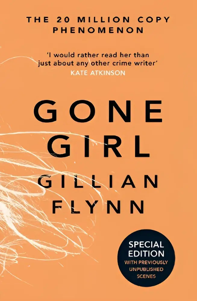 Orange book cover of gone girl by gillian flynn with black text and white abstract line art