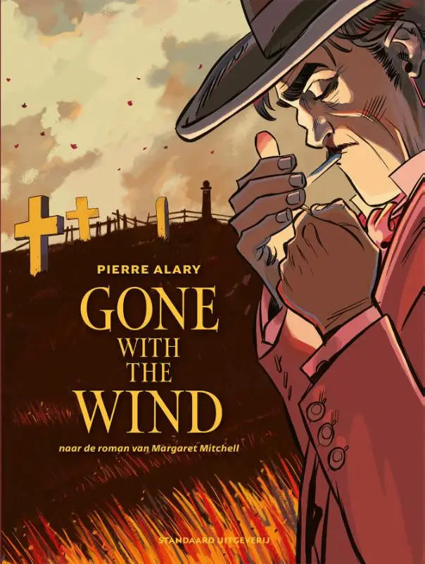 De cover van de geïllustreerde editie van gone with the wind door pierre alary met man in rood en donker smoking