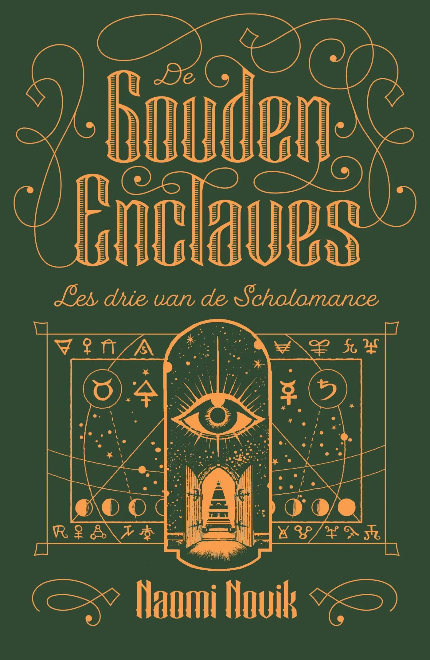 De gouden enclaves boekcover met elegante gouden letters en illustraties op donkergroene achtergrond voor jonge lezers