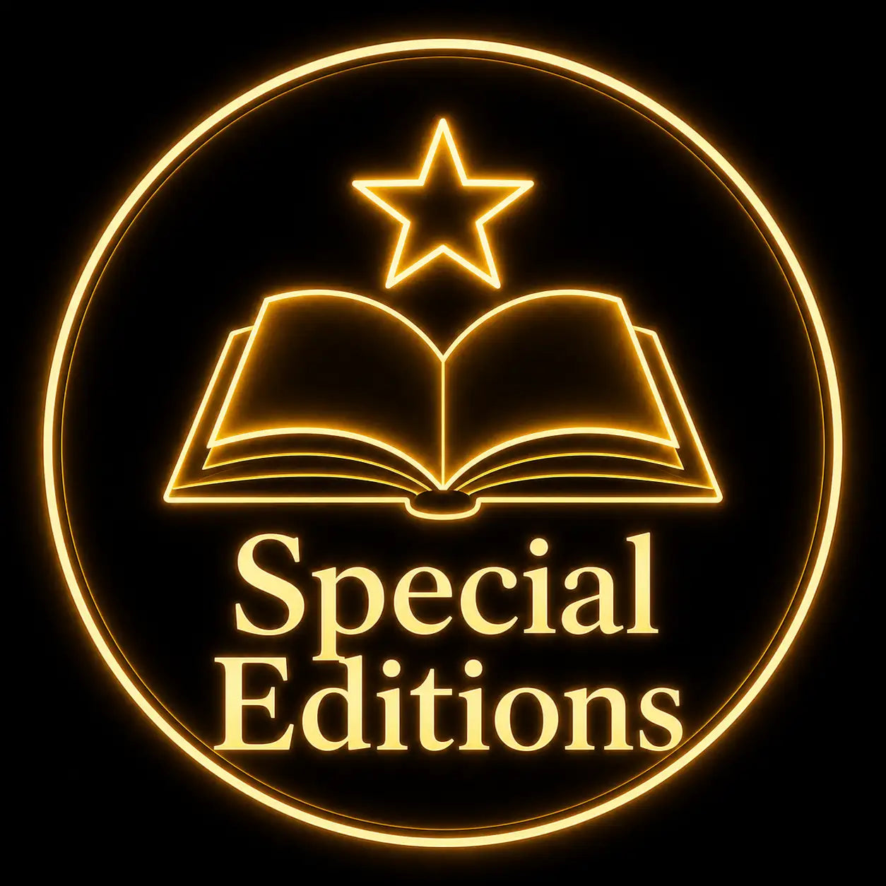 Gouden neonreclamebord met een open boek en daarboven een ster, omringd door de tekst ‘special editions’.