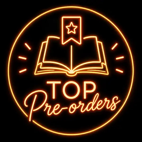 Gouden neonsign met een open boek en een sterrenlegger, omringd door gloedlijnen en de tekst ‘top pre-orders.’