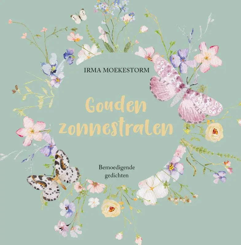 Een zachte mintgroene boekomslag van gouden zonnestralen met delicate aquarel bloemen en pastelkleurige vlinders
