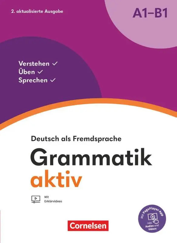 Paars-wit boekomslag van grammatik aktiv Duitse grammatica leerboek a1-b1 met oranje tekst accenten, aktualisierte ausgabe