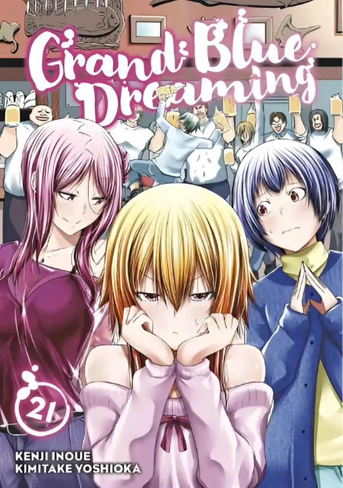 De cover van grand blue dreaming volume 21 toont drie anime-stijl meisjes met verschillende haarkleuren en outfits