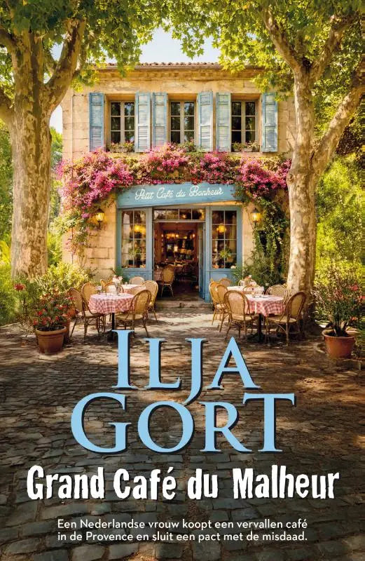 Het boek grand café du malheur van ilja gort toont een provençaals café met lichtblauwe luiken en roze bloemen