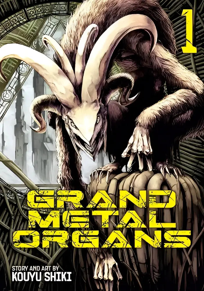 De cover van volume 1 van grand metal organs toont een illustratie van een donkerharige wezens met lange gekromde hoorns