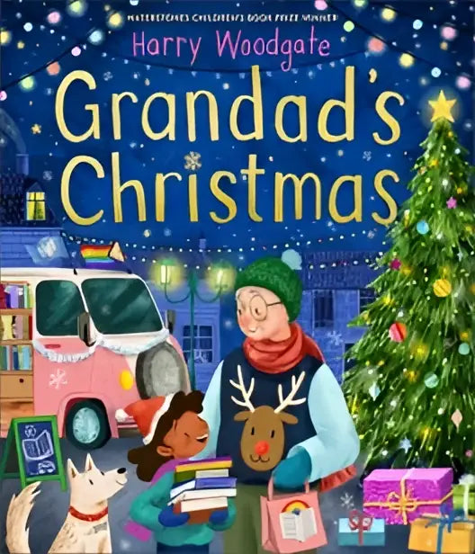 A feestelijke kinderboekcover van grandad’s christmas door harry woodgate met een gezellige illustratie bij de kerstboom voor jonge lezers