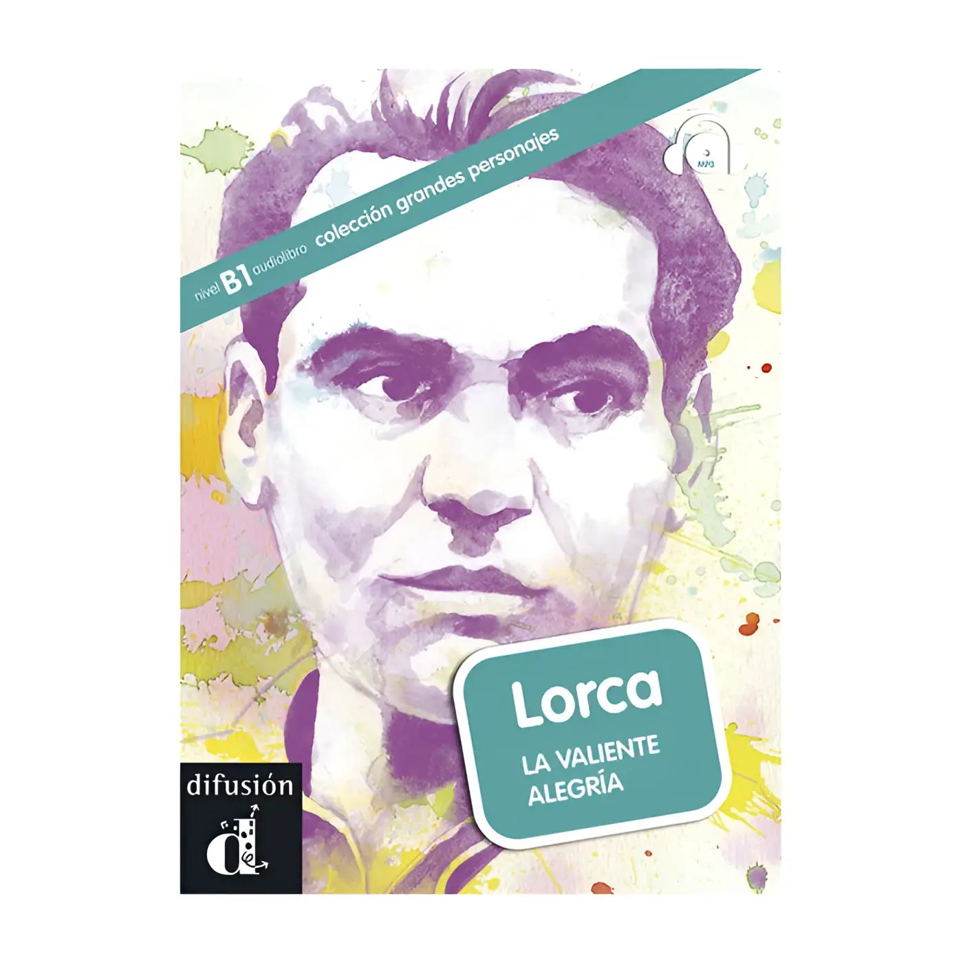 Een levendig waterverfportret van de spaanse dichter federico garcía lorca op de cover van een tweetalige luisterboek called grandes personajes lorca