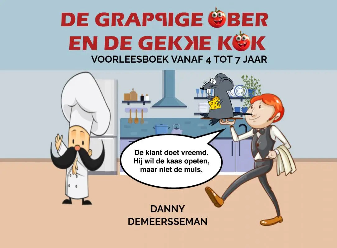 De grappige ober en de gekke kok voorleesboek met kleurrijke cartoonillustraties van kok en ober in keukenomgeving