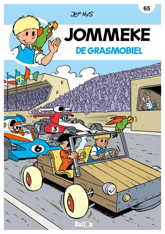 Houten raceauto de grasmobiel met metalen accenten en geel interieur geïnspireerd door jef nys strips algemeen