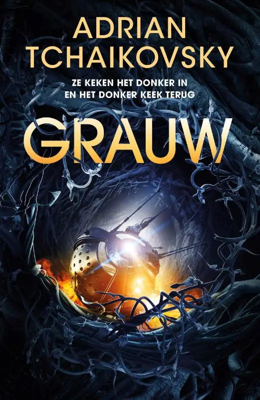 De boekcover van Grauw toont een gloeiende metalen oranje en zilveren mechanische bol met fijne details