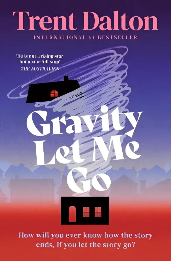 The gravity let me go book cover by harpercollins publishers features bold white title with black house and purple swirls on blue red background