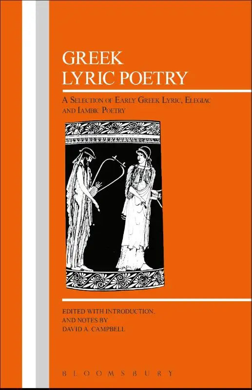 Oranje hardback boek greek lyric poetry met zwart-wit illustratie van twee klassieke figuren op de omslag