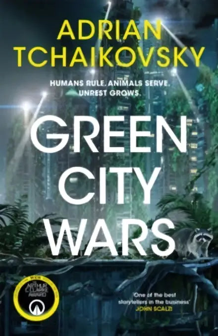 De boekomslag van green city wars signed edition van adrian tchaikovsky toont witte letters op futuristisch stadsbeeld met groene en blauwe lichten