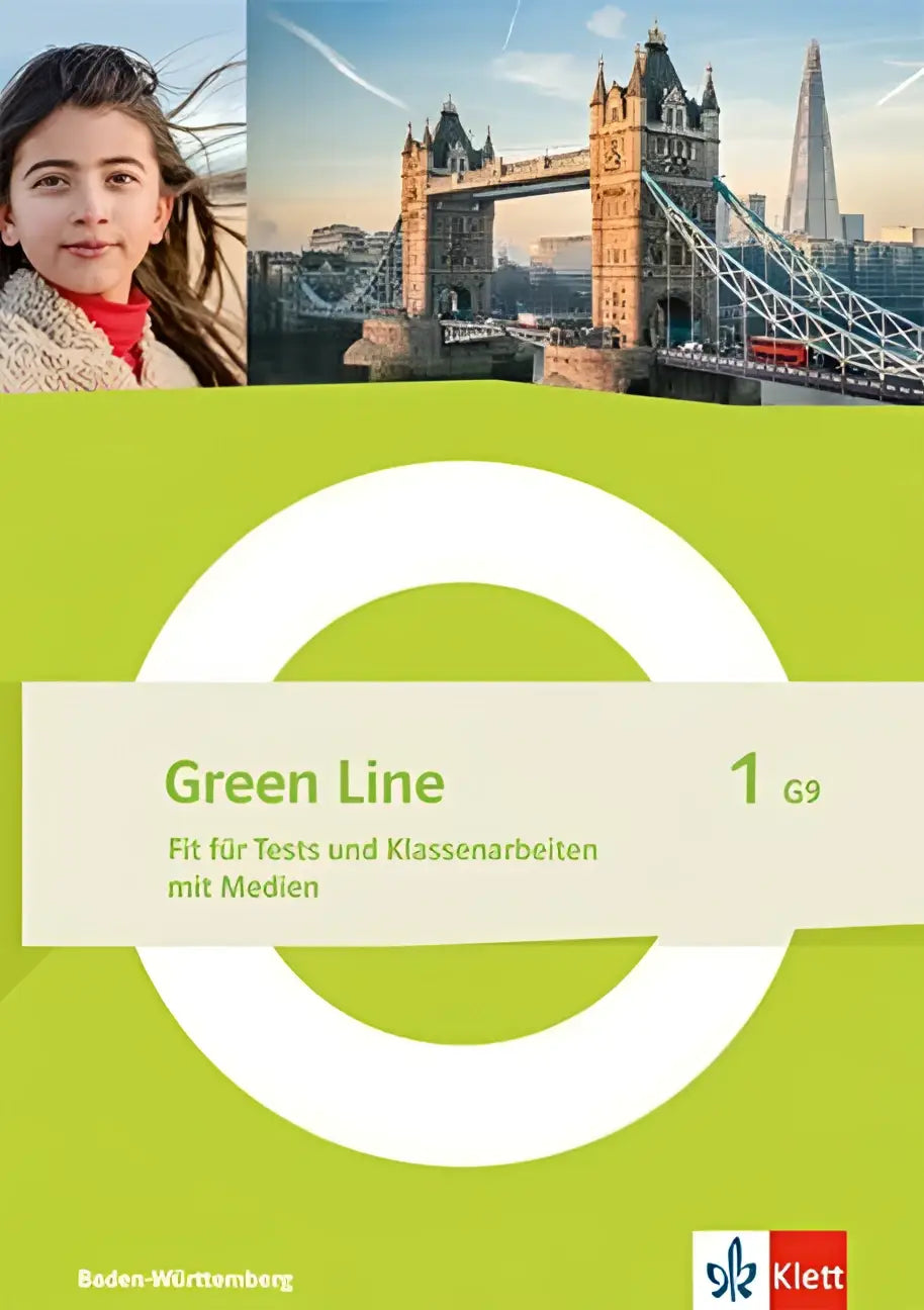 Groen lijn 1 g9 leerboek met limegroene omslag en witte cirkelontwerpen voor klassenarbeiten mit medien in baden-württemberg