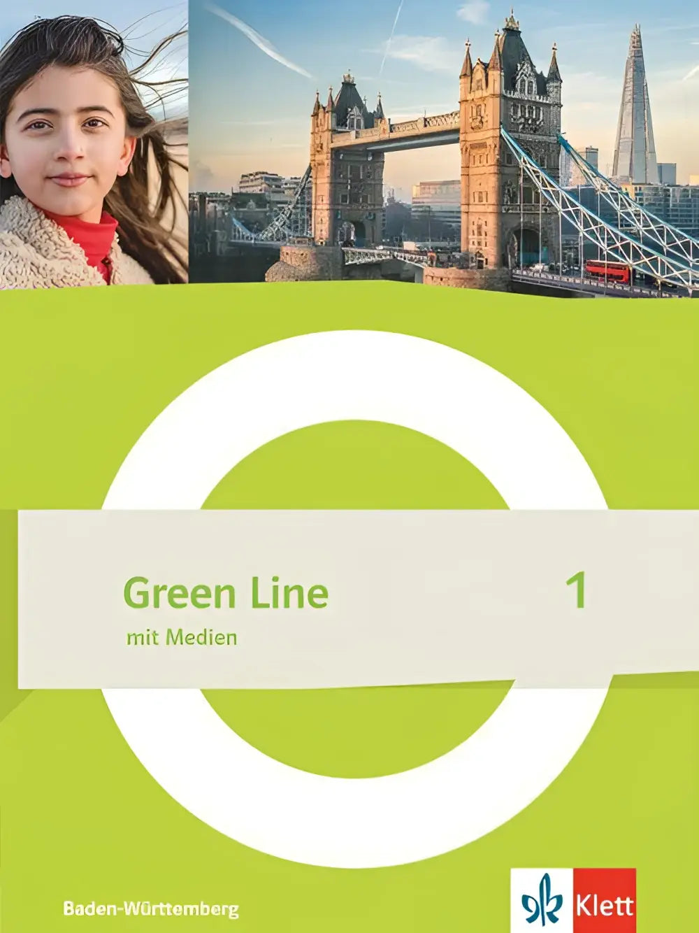 Green line 1 g9 schulbuch mit medien mit flexiblem einband limegrün mit tower bridge und shard in london und lachendem mädchen