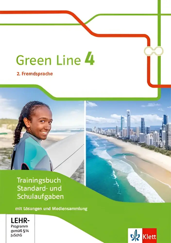 Green line 4 trainingsbuch standard- und schulaufgaben mit lächelnder frau und küstenstadtansicht auf dem cover