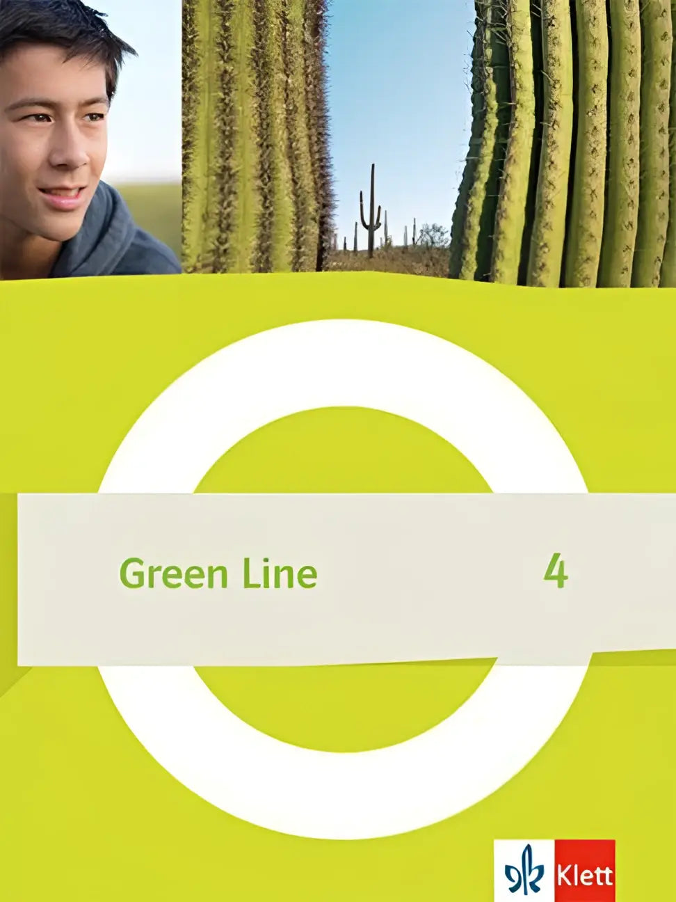 Cover van green line 4 schulbuch klasse 8 met flexibler einband, limegroene achtergrond en witte cirkel logo met cactussen