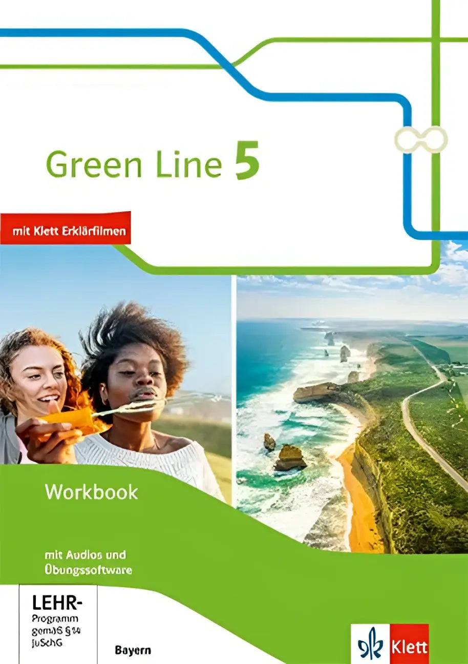 Green line 5 ausgabe bayern workbook mit audios und übungssoftware mit grünem cover und bild zweier frauen am meer