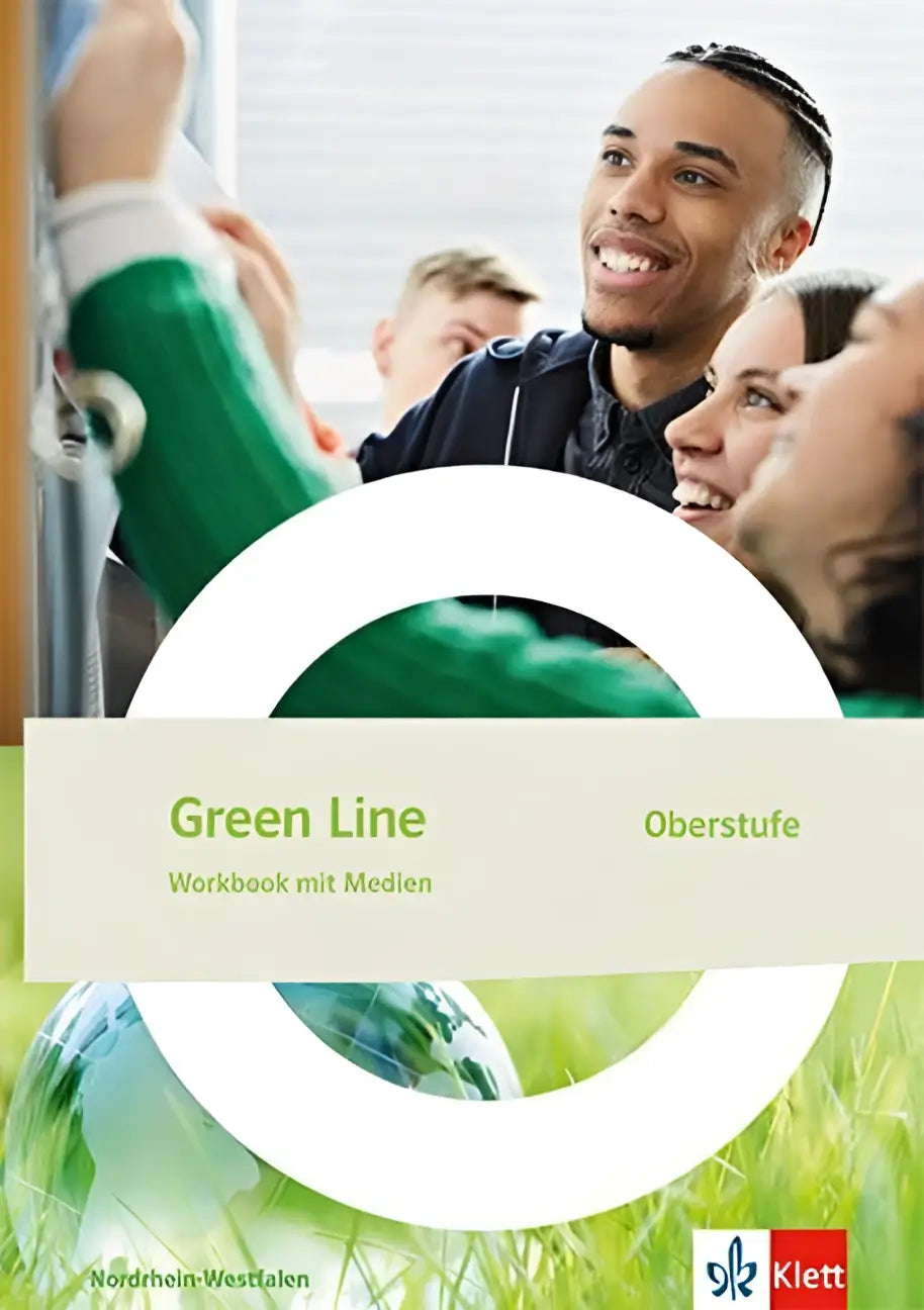 Green line oberstufe workbook mit medien mit levendig groen omslag en studenten in klaslokaal met grasillustratie