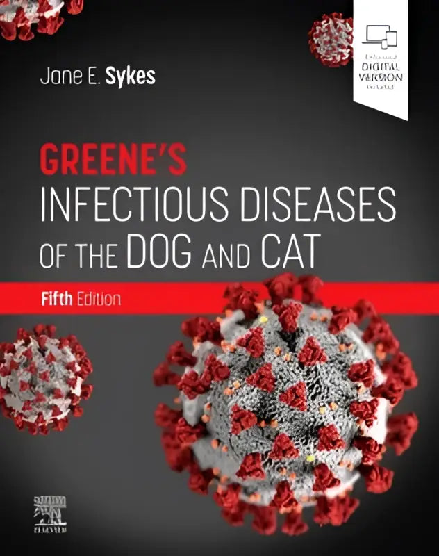 Boekomslag van greenes infectious diseases of the dog and cat met 3d rode en grijze virusstructuren op donkere achtergrond