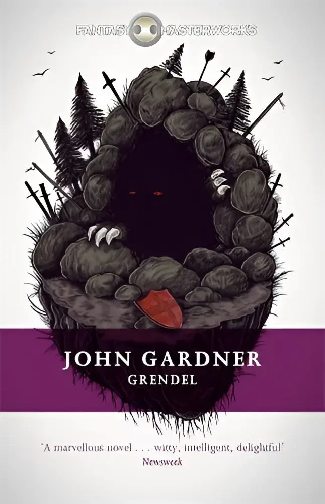 De cover van john gardners roman grendel toont een donkere, dreigende grendel met gloeiende rode ogen uit het oogpunt van beowulf